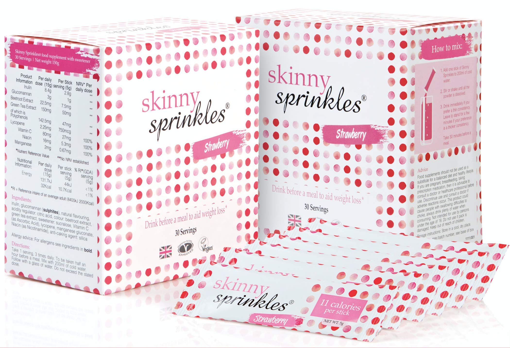Skinny Sprinkles, Duo Pack 60 Servings - Weight Management Drink with Glucomannan - Vegan, Vegetarian Society Approved - Made in the UK - Strawberry