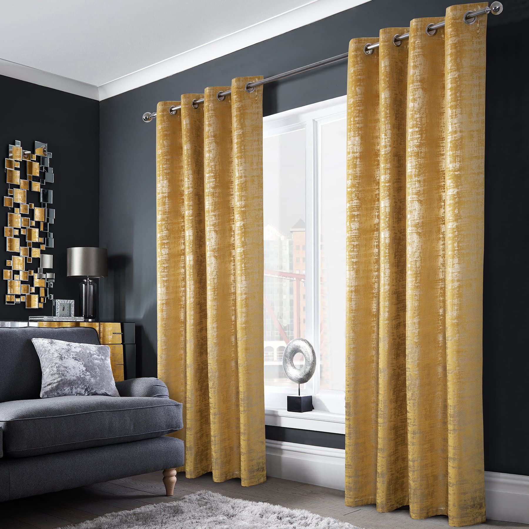 always4u Soft Velvet Curtains 100% Blackout for Window for Bedroom Thermal Gold Foil Printed Shining Luxury Window Treatment Drapes for Living Room 1 Pair Yellow 66 * 72