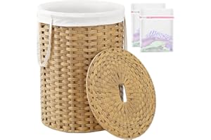 SETVSON Laundry Basket with Lid Round Rattan Laundry Hamper with Lid and Handles 29.1 Gal (110 L) Handwoven Woven Basket with Removable Bags and 2 Mesh Bags for Bathroom Living Room Natural