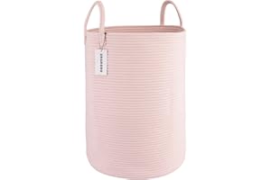 XUANGUO Cotton Rope Laundry Basket Hamper for Clothes Woven Storage Basket for Living Room Bedroom Boho Tall Rope Baskets for Blanket Toys Pillow Towels Baby Nursery Hamper Bin Large light pink