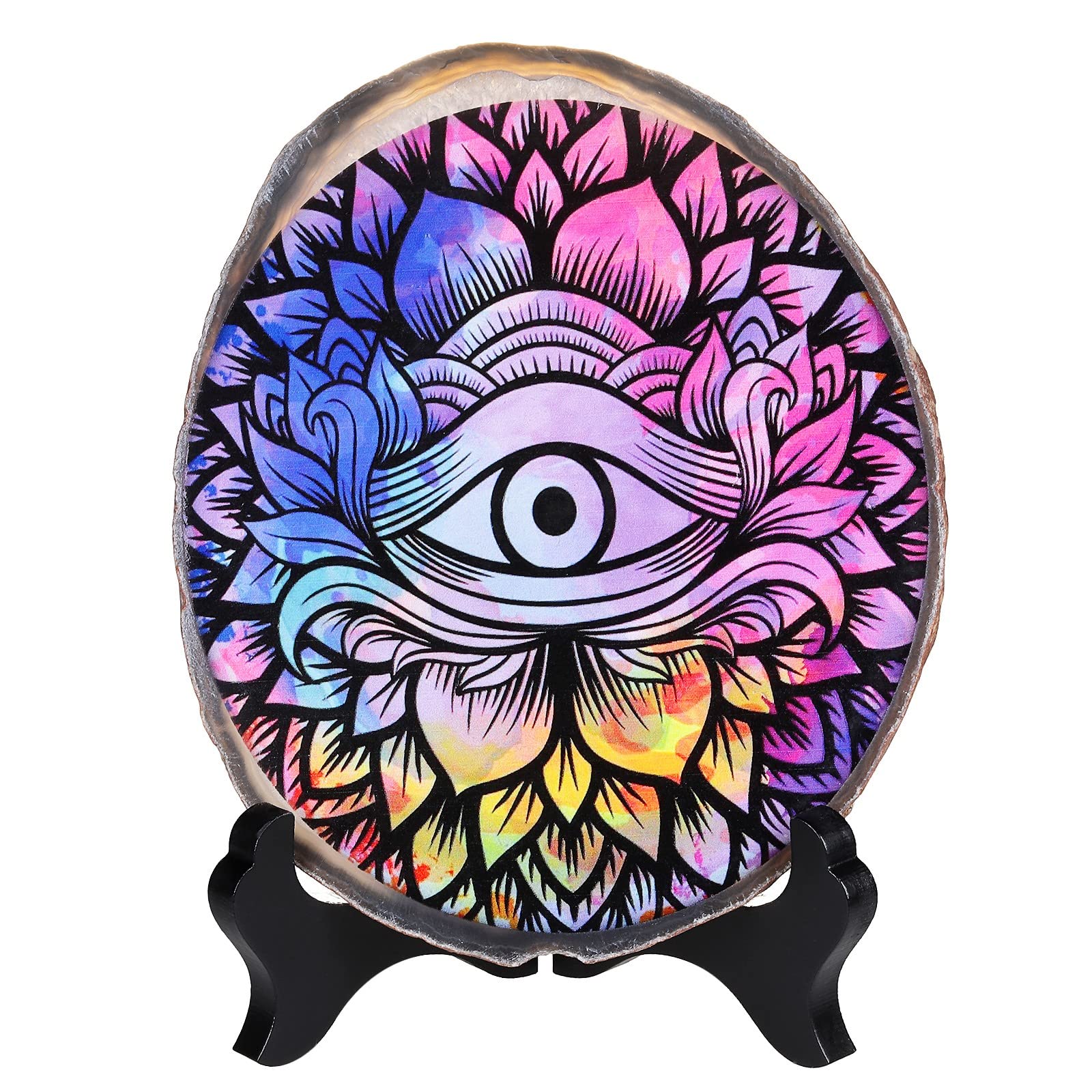 KYEYGWO Natural Irregular Agate Slice 7 Chakra Painting Decor with Wooden Stand Reiki Stone Feng Shui Decoration for Home and Office, Colorful Eyebrows