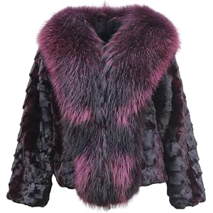 Women Real Mink Fur Leopard Coat with Big Genuine Raccoon Fur Collar Front