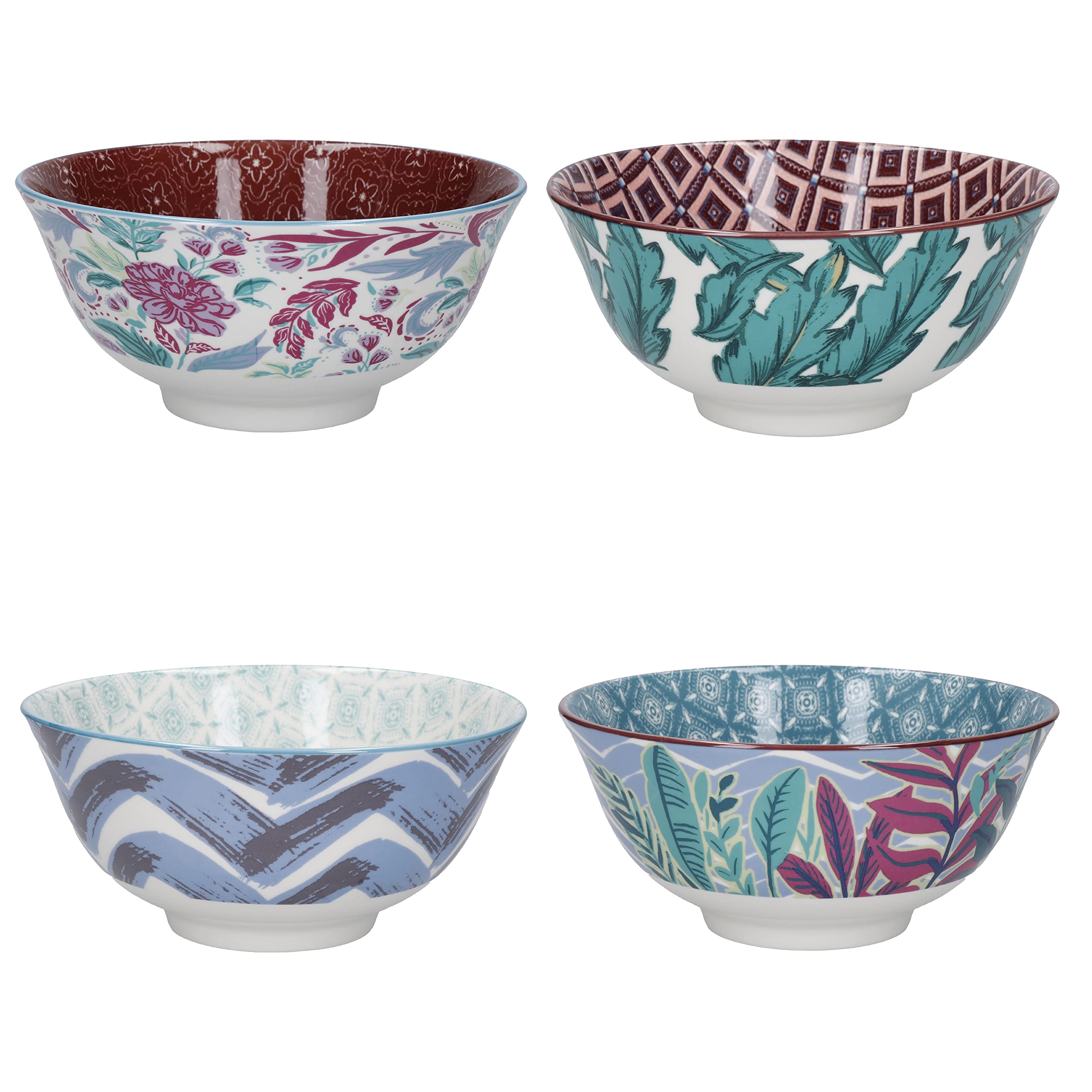 KitchenCraft Glazed Stoneware Bowl Set of 4, Exotic, 15.5 x 7.5 cm, Gift Boxed,Blue,Green,Pink