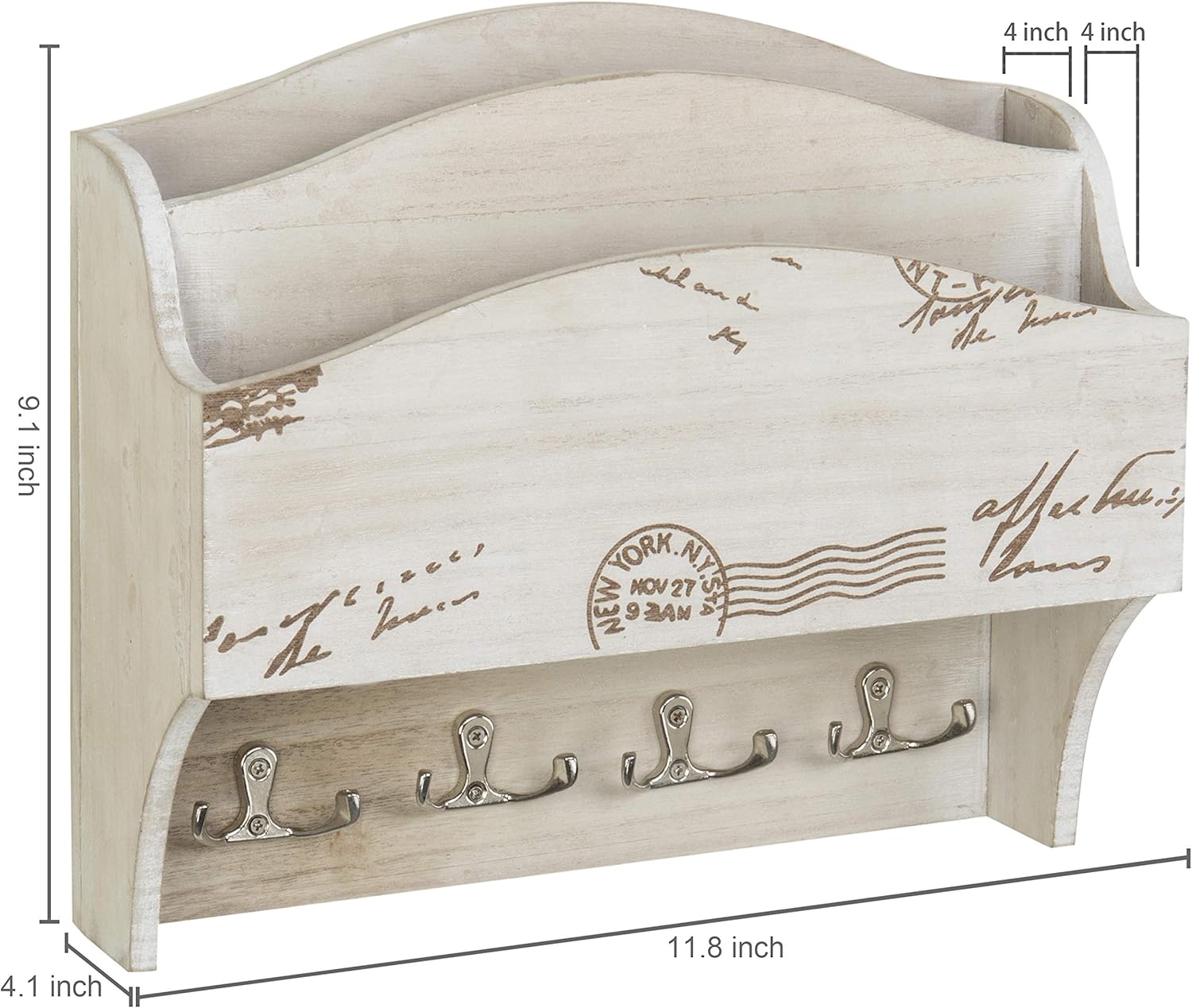 MyGift 2-Pocket Wall Mounted Shabby Beige Wood Mail Sorter with Key Hooks : Office Products