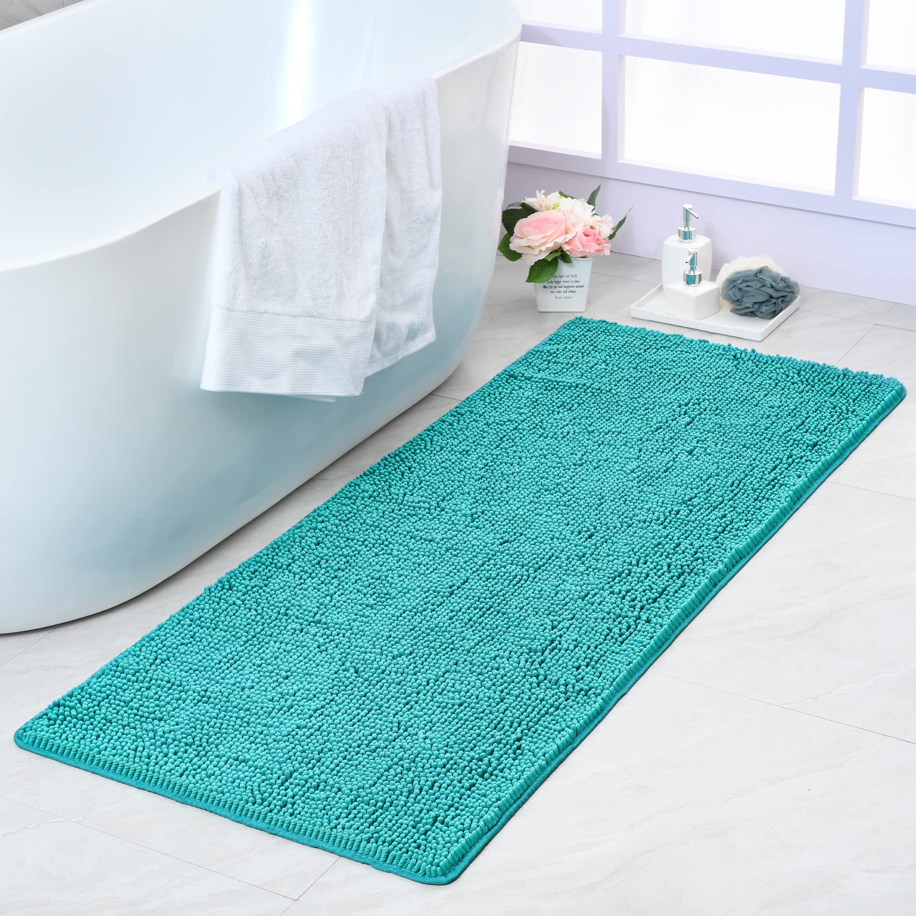 Photo 1 of Noahas Bath Rugs 24'' x 48'' Bathroom Rug, Soft Luxury Chenille Bathroom Mats, Non-Slip and Absorbent Throw Rugs for Bath Tub, Plush Microfiber Shower Rug Machine Washable Floor Carpet, Teal Blue