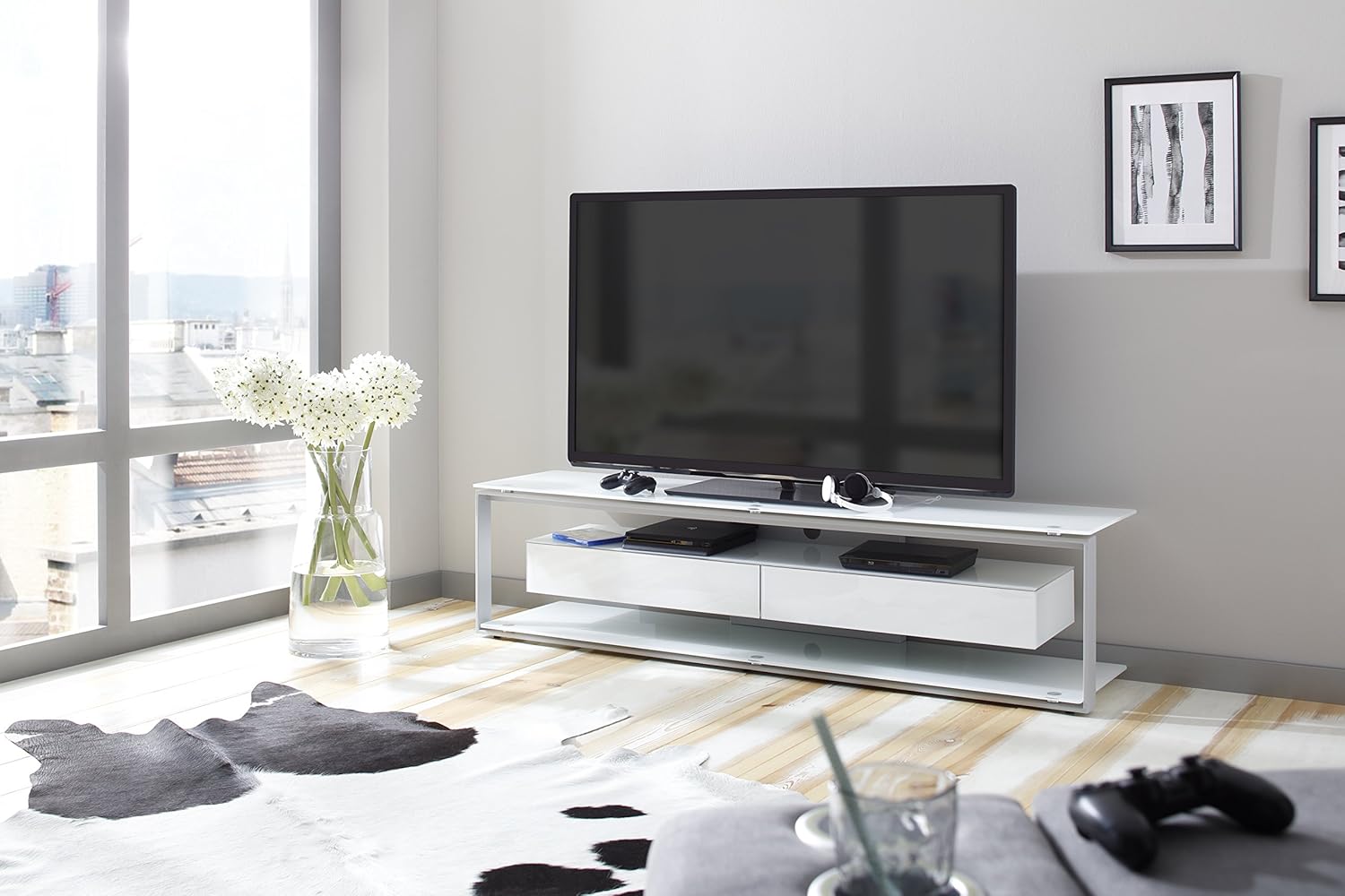 MAJA Möbel Choice TVRack, Glas, Metall Platingrau Weißglas, 170,00 x