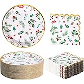 100PCS Bulk Christmas Plates and Napkins Party Supplies - Serves 50 PK - Xmas Seasonal Holly Paper Plates Disposable Dinner Plates Decorations Christmas Décor