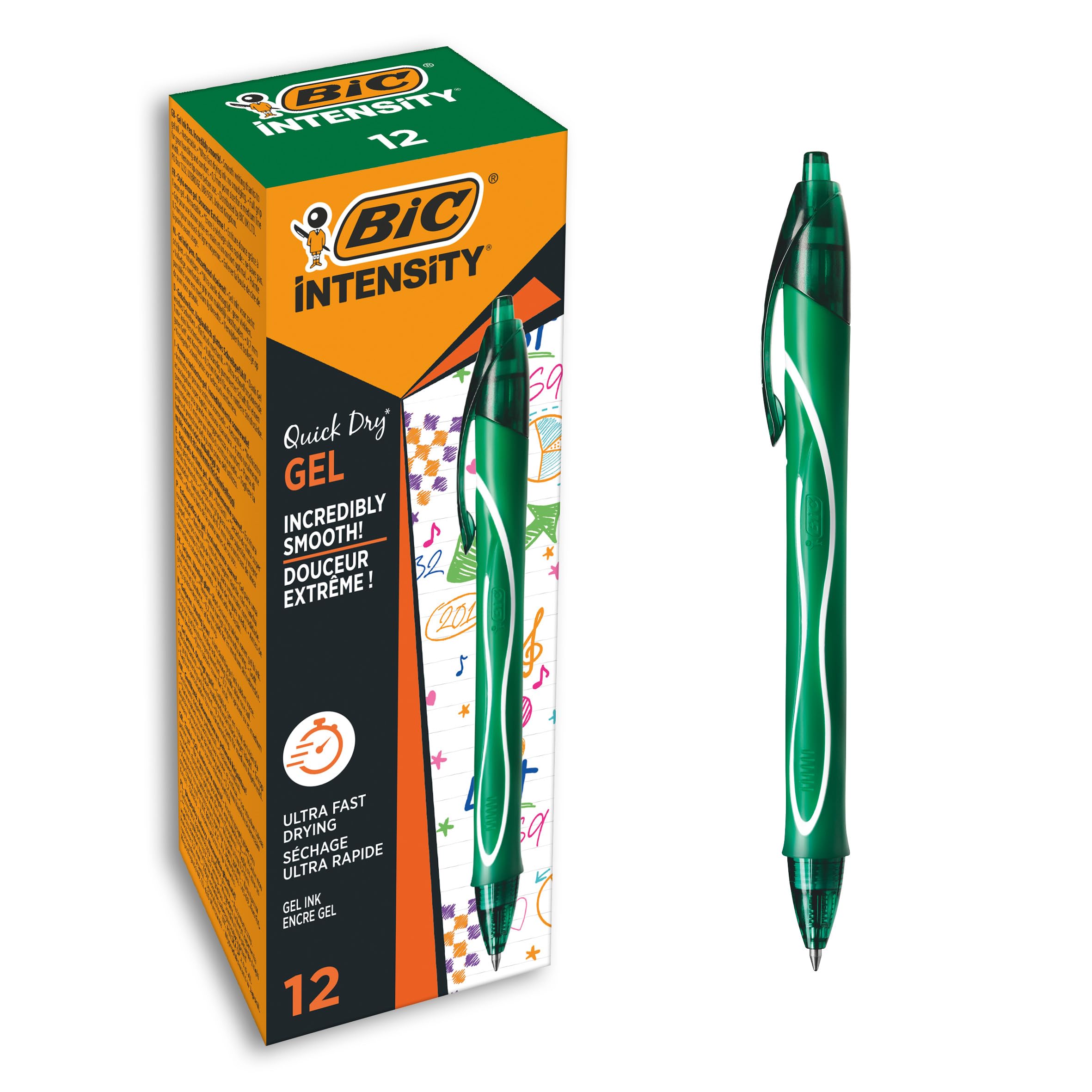BIC Gel-ocity Quick Dry Gel Pens, Medium Point (0.7 mm), Green, Box of 12, Retractable Pen with Ultra Fast Drying Ink