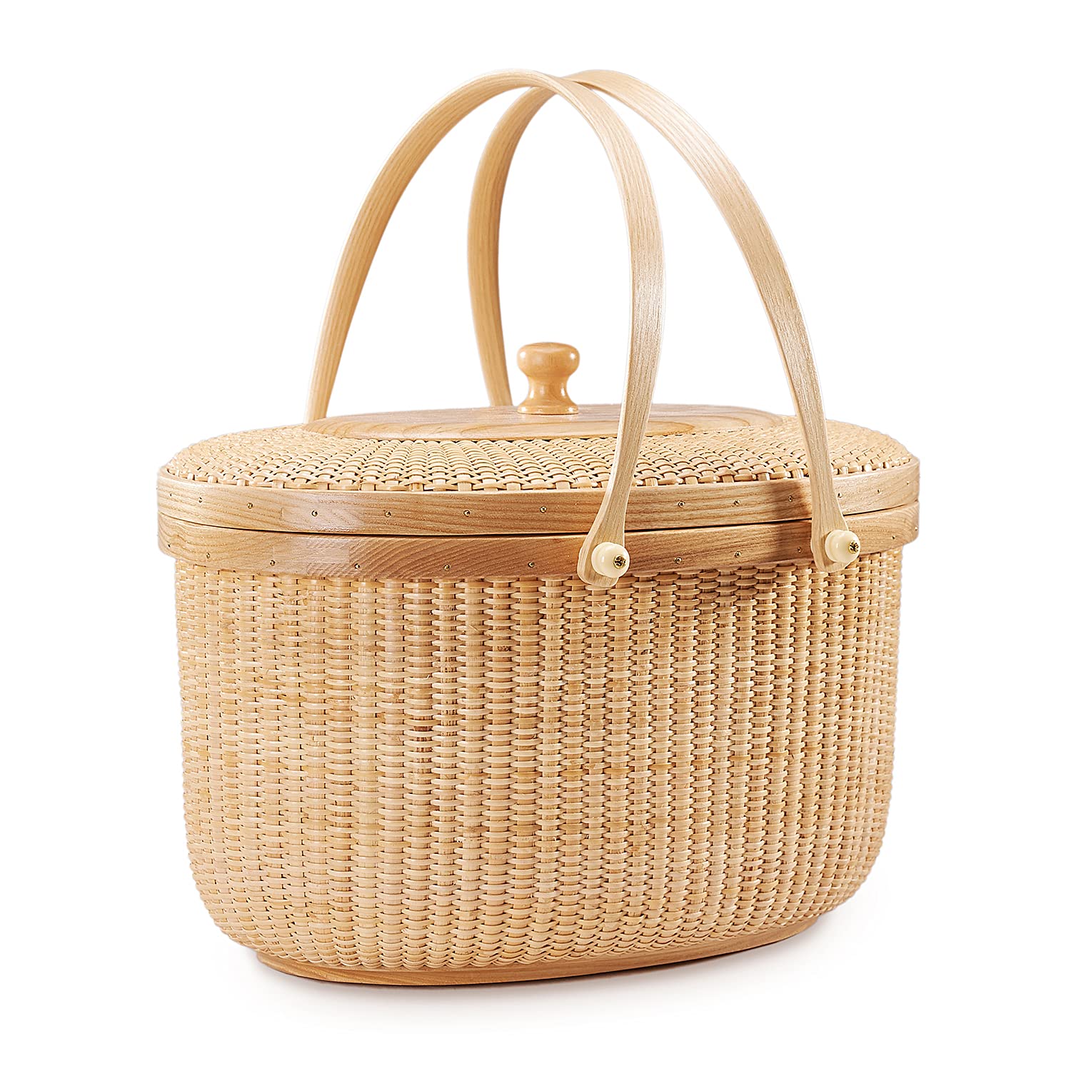 Nantucket Sewing Basket Purse, Containers with Dual Wood Handles .Cane-on-cane weave cane basket craft basket, with lid basket with handle