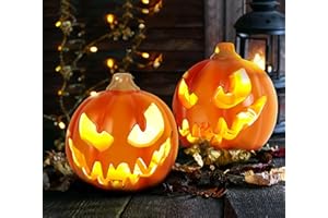 VZQI Halloween Pumpkin Lantern LED Pumpkin Lantern Indoor and Outdoor Decoration Party Children Gifts 2 Pack-Grin