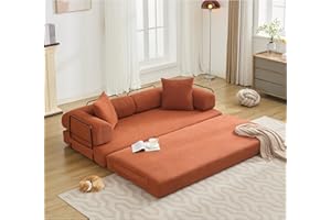 ZEIINPA Convertible Sleeper Sofa Bed with Cylindrical Pillow, Corduroy Folding Mattress Couch with Fixed-Shape Frame, Floor Sofa Lounge Couch for Living Room Bedroom Lounge Studio, Orange