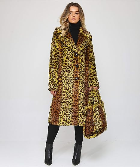 Lady Yellow bright leopard print coat bottons warm