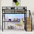 Full Loft Bed with Desk and RGB Light, Metal Loft Bed Frame with Stairs and Bedside Shelf, Heavy-Duty Lofts Beds with Storage Shelves and Wardrobe for Kids Teens, Black