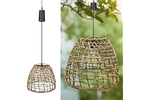 Larekook 6 Hours Timer Battery Operated Outdoor Hanging Light Seagrass Woven Waterproof Porch Gazebo Patio Pendant Lantern Chandelier Lighting Decorative Hollow-Out Auto On/Off Warm White Bulb