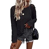 Allimy Womens Long Sleeve Hollow Out Crochet Crewneck Knitted Top Blouses Cover Up
