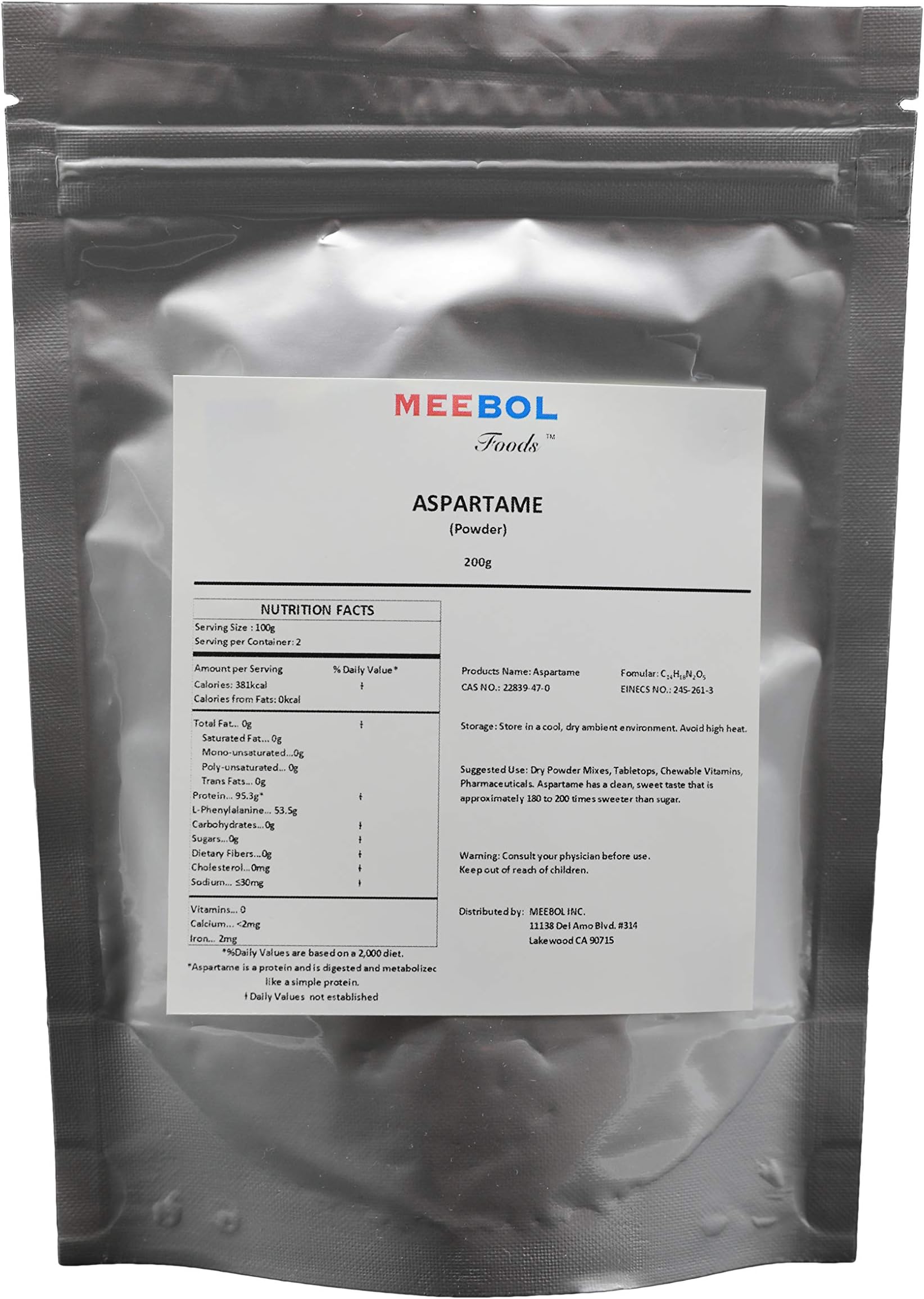 Meebol Foods Aspartame Powder | Low-Calorie Sugar Substitute & Sweetner (200gram/7.055oz)