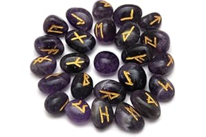 ARHAM CRYSTAL Amethyst Runes Stone Set with Velvet Pouch, Elder Futhark Viking Engraved Divination Runic Alphabets Symbols for Reiki Witches & Energy Balancing