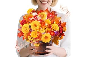 MZD8391 Thanksgiving Cards with Music & Lights, Pop Up Fall Decoration Bouquet, Maple Leave & Pumpkin, 10 Inch Life Sized Gifts for Harvest Autumn Party Table Decorations