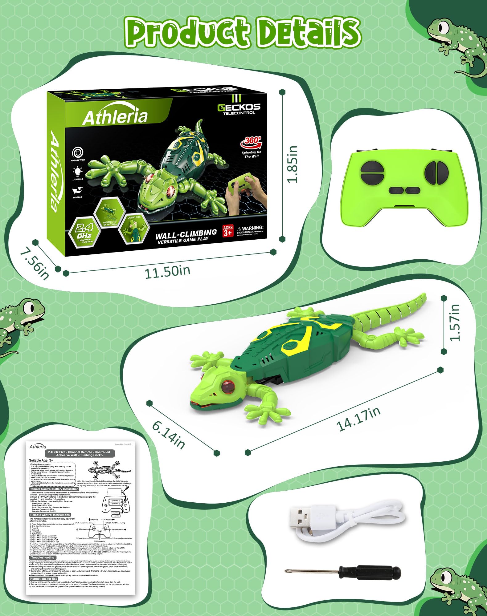 ATHLERIA Wall Climbing Lizard,Wall Crawler Robot Gecko Remote Control,Floor Ceiling Crawling Electric Lizard Rc Car Toy,Cool Kids Toys,Birthday for 3 4 5 6 7 8 9 10+ Year Old Boys Girls Teens