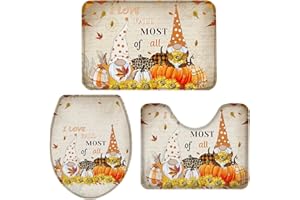 Queenker 3 Pieces Bath Rug Set Toilet Seat Cover Fall Thanksgiving Retro Pumpkin Gnome Contour Rug,Pedestal Mat and Toilet Lid Cover,Non-Slip Bathroom Floor Mat 20"x31"=16"x18"+16"x20"