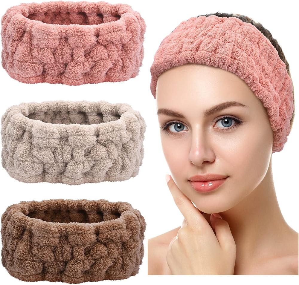 Chuangdi 3 Pieces Spa Headband Women Facial Makeup Hairband Pink Gray Brown