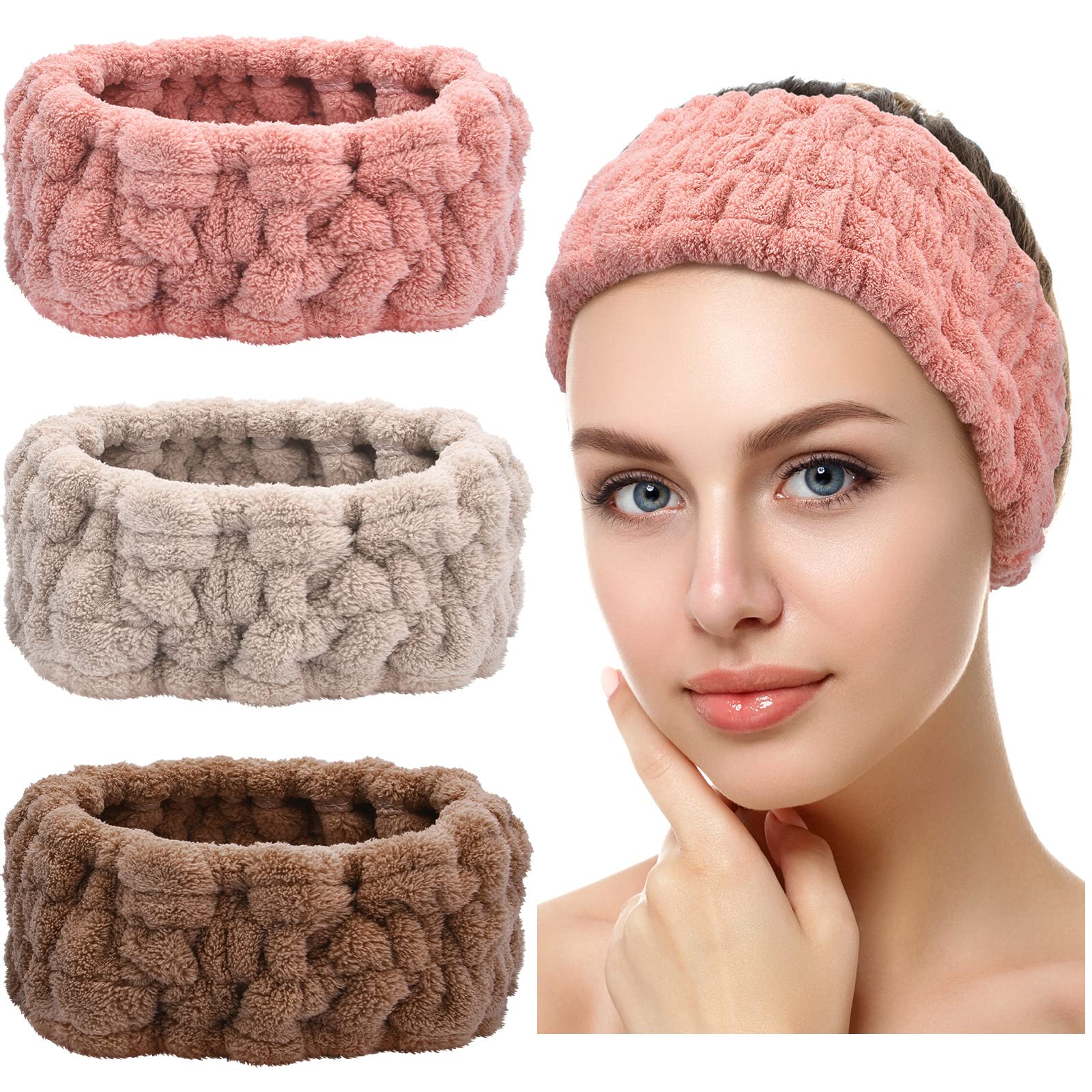 Photo 1 of Chuangdi 3 Pieces Spa Headband for Women Facial Makeup Headband Soft Terry Cloth Hairband for Washing Face Mask Spa Shower Gifts(Pink, Gray, Dark Brown)