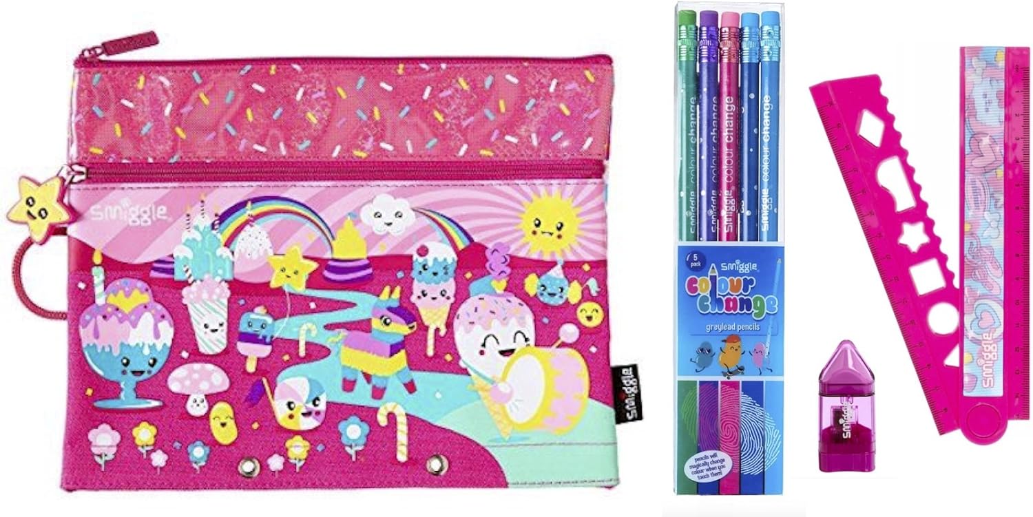 Smiggle Bundle With Party Pencil Case, Ruler, Pencil Pack & 2in1