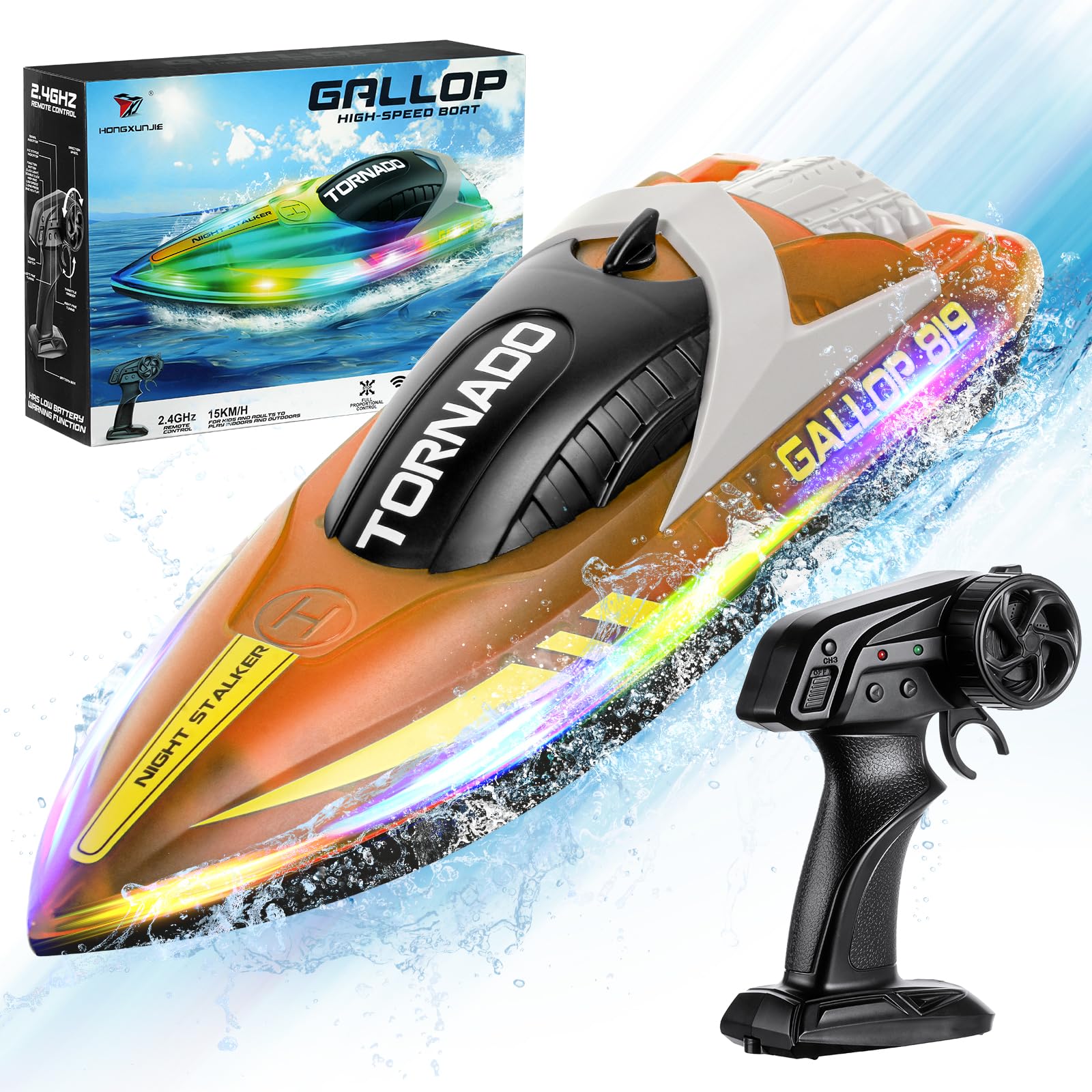 HOTUT RC Remote Control Boat with LED Lights - 15 KmPh 2.4GHz Fast for Pools and Lake, Capsize Recovery, 2 Rechargeable Batteries - Speed Toy for Boys & Girls