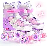NEMONE Mermaid 4 Size Adjustable Light up Roller Skates for Girls, Purple Blue Skates for Toddlers, Beginner Kids Butterfly Roller Skates Indoor Outdoor