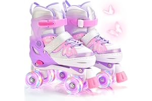 NEMONE Mermaid 4 Size Adjustable Light up Roller Skates for Girls, Purple Blue Skates for Toddlers, Outdoor Beginner Kids Rol