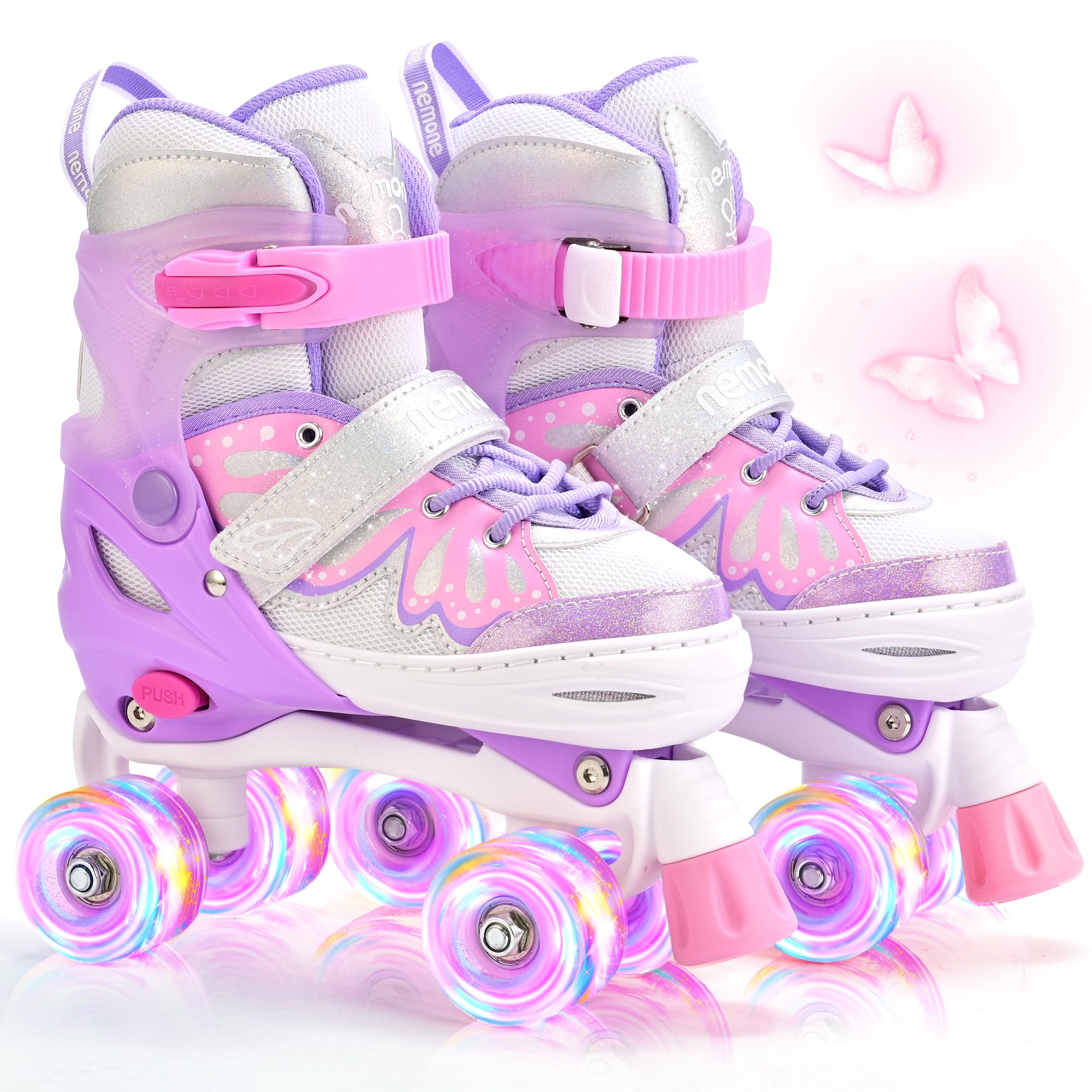 NEMONE 4 Size Adjustable Light up Roller Skates for Girls, Butterfly Roller Skates for Kids Ages 4-6 5-8 6-12 8-12, Todder Beginner Skates Indoor Outdoor Pink Purple M Image