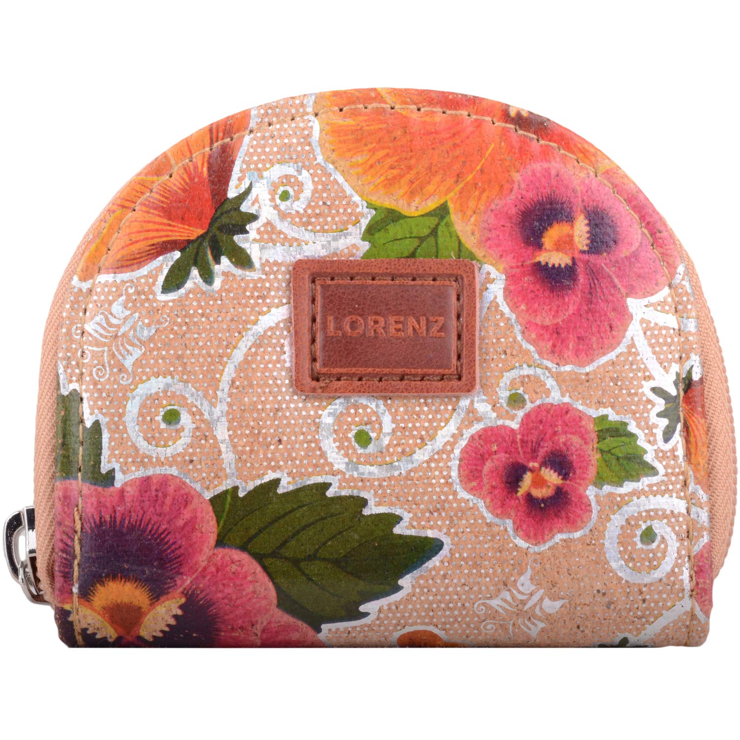 Womens Horse Shoe Semi Circle Cork Coin/Money Purse/Holder Floral Design - Metallic Flowers