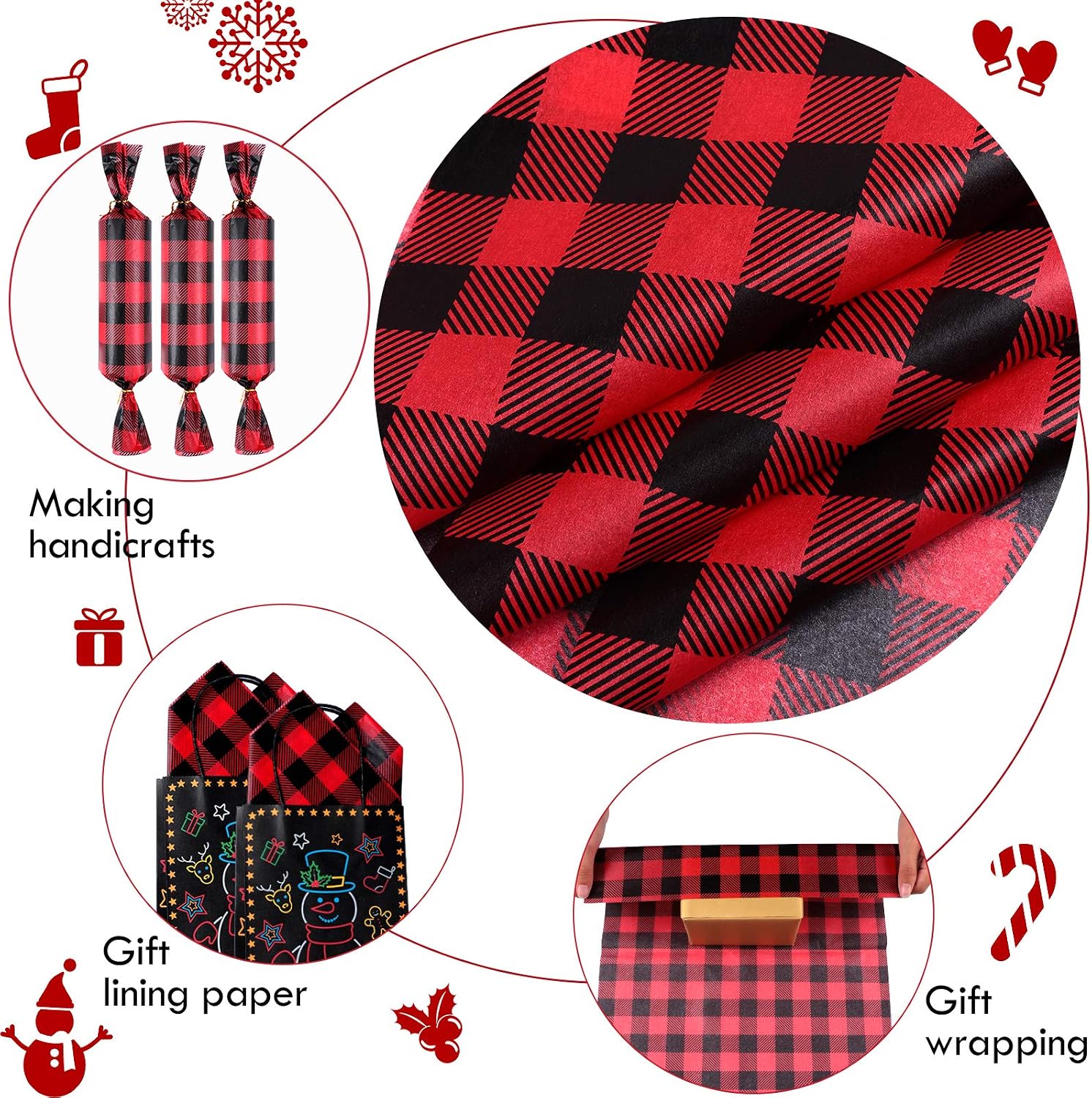 100 Pieces Christmas Tissue Paper Buffalo Plaid Check Wrapping Paper Red Black Plaid Wrapping Sheet Black White Plaid Wrapping Tissue Holiday Tissue Paper for DIY Christmas Holiday Wrapping Paper - Image 5