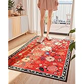 Macgace 3x5 Floral Rug for Girls Bedroom, Machine Washable Area Rugs with Non Slip Backingfor Living Room, Cute Flowers Carpet Kitchen Dining Room Kids Playroom Decor, Christmas Red