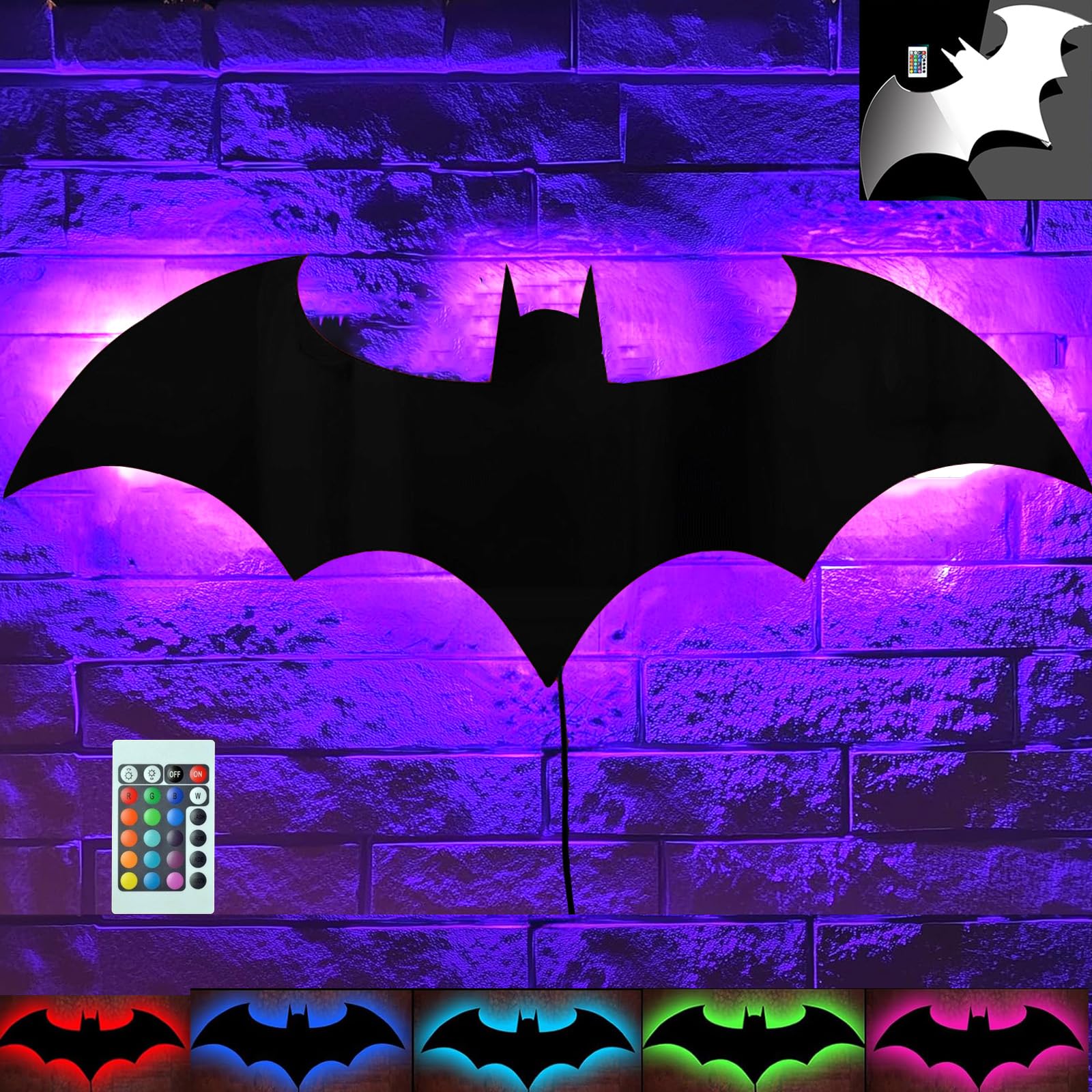 LED Bat Night Light Superhero Cool Signal Lamp with 16 Colors Remote Control Wall Sconce Acrylic Engraved Neon Sign LightDecor for Bedroom Party Room Wall (Silver Mirror Color)