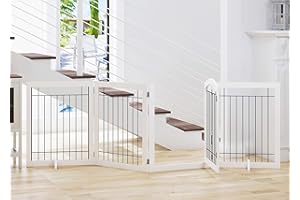 SPIRICH 96-inch Extra Wide 30-inches Tall Dog Gate with Door Walk Through, Freestanding Wire Pet Gate for The House, Doorway, Stairs, Pet Puppy Safety Fence, Support Feet Included (White)