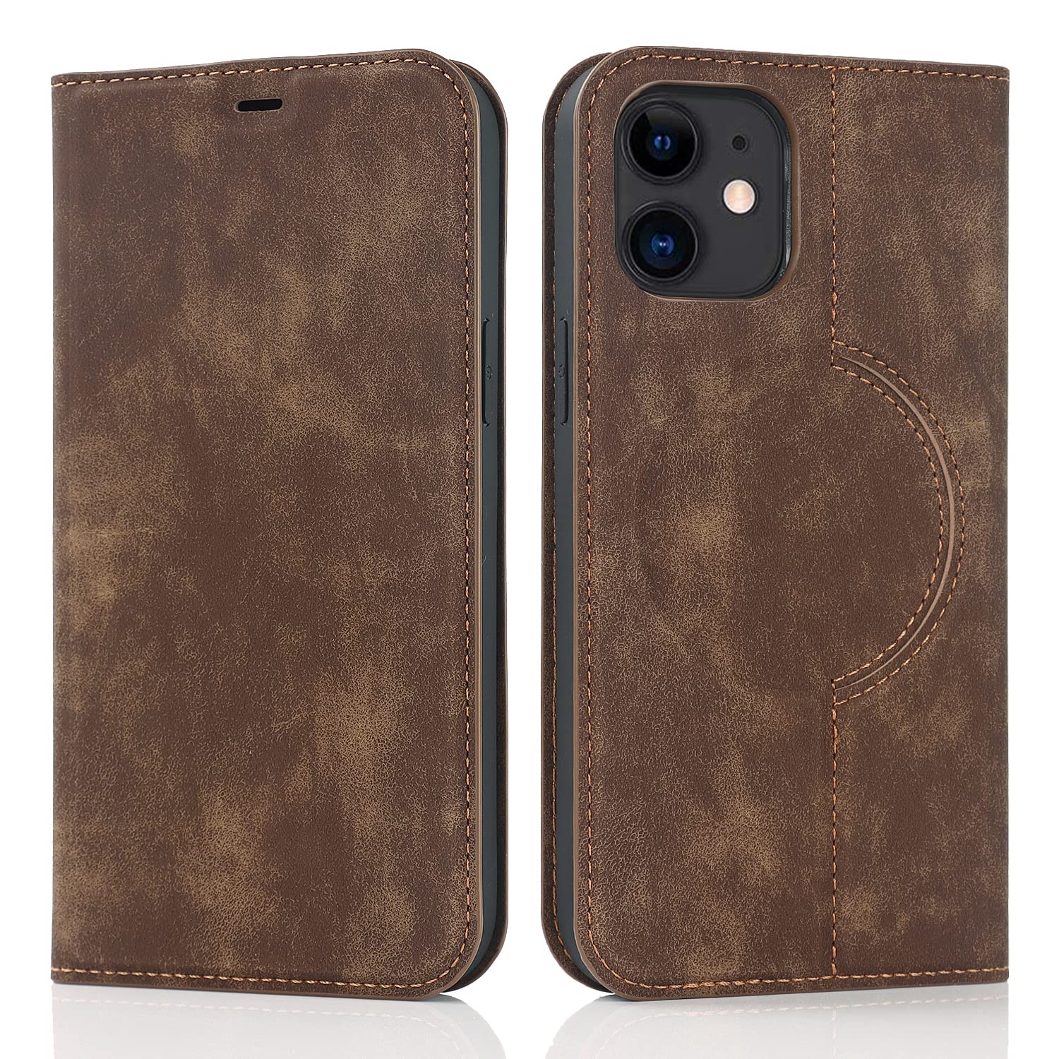 QLTYPRI Wallet Case for iPhone 12/iPhone 12 Pro (6.1 inch) Compatible with Magsafe Charger, Magnetic Flip Folio PU Leather Phone Case with RFID Blocking Card Slots Kickstand Shockproof Cover-Brown — image 1