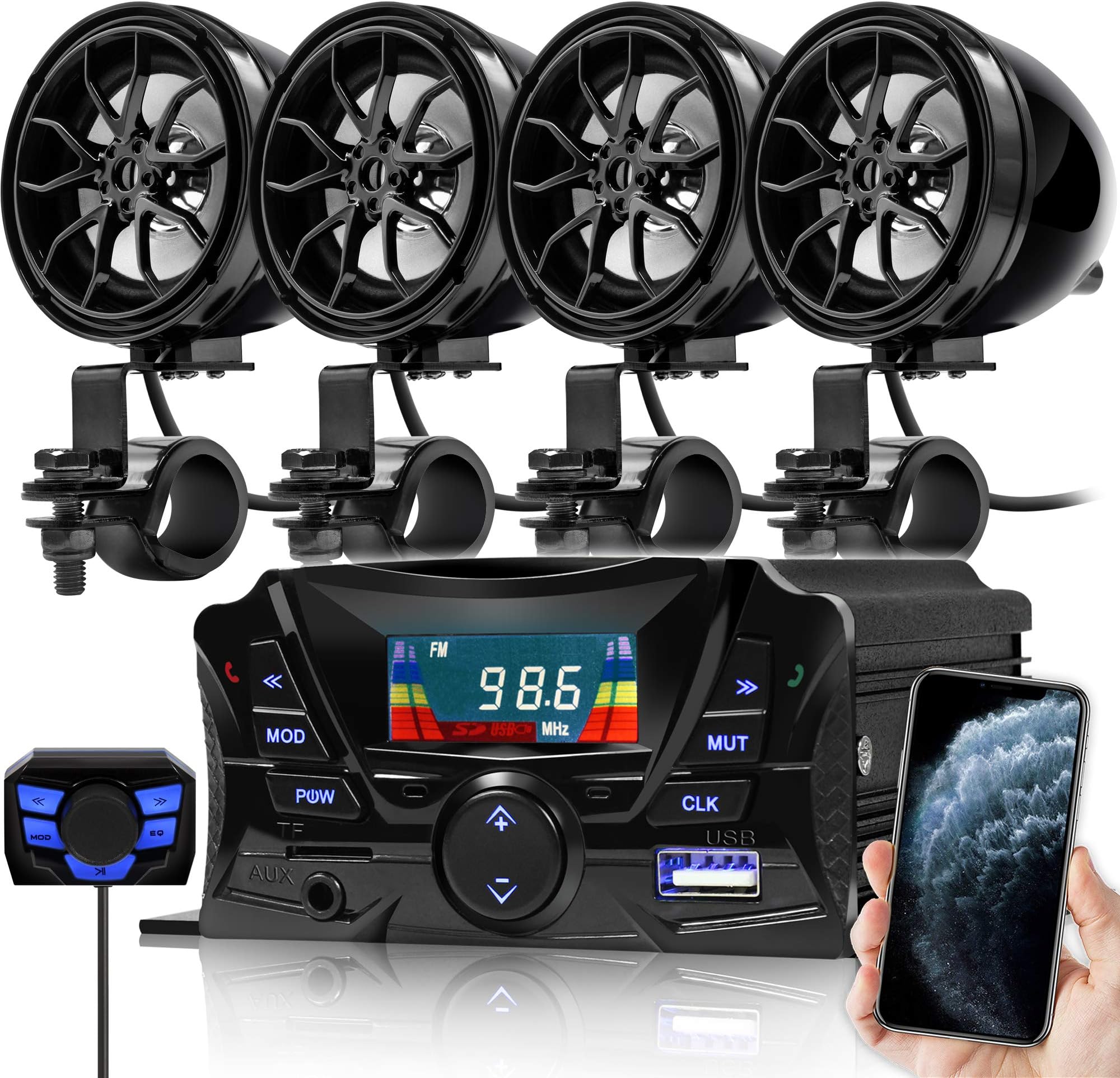 GoldenHawk USA Motorcycle Waterproof Bluetooth Wireless Speaker 7/8-1 in. Handlebar Mount MP3 Music Player Sound Audio Stereo Amplifier System ATV UTV w/AUX IN, USB, micr SD, FM Radio, 4-Speaker