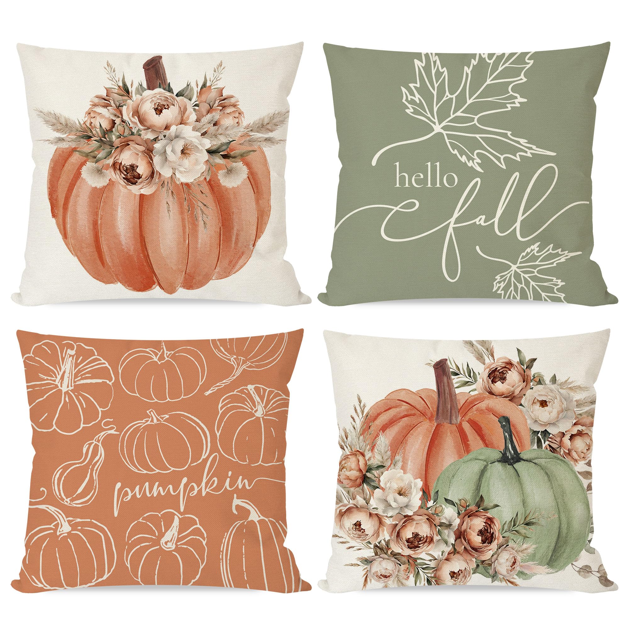 Photo 1 of PANDICORN Boho Orange and Sage Green Pumpkin Hello Fall Throw Pillow Covers 18x18 Inch Pampas Floral Outdoor Farmhouse Cottage Autumn Decorations Decorative Pillows Cases Set of 4 for Home Room Decor