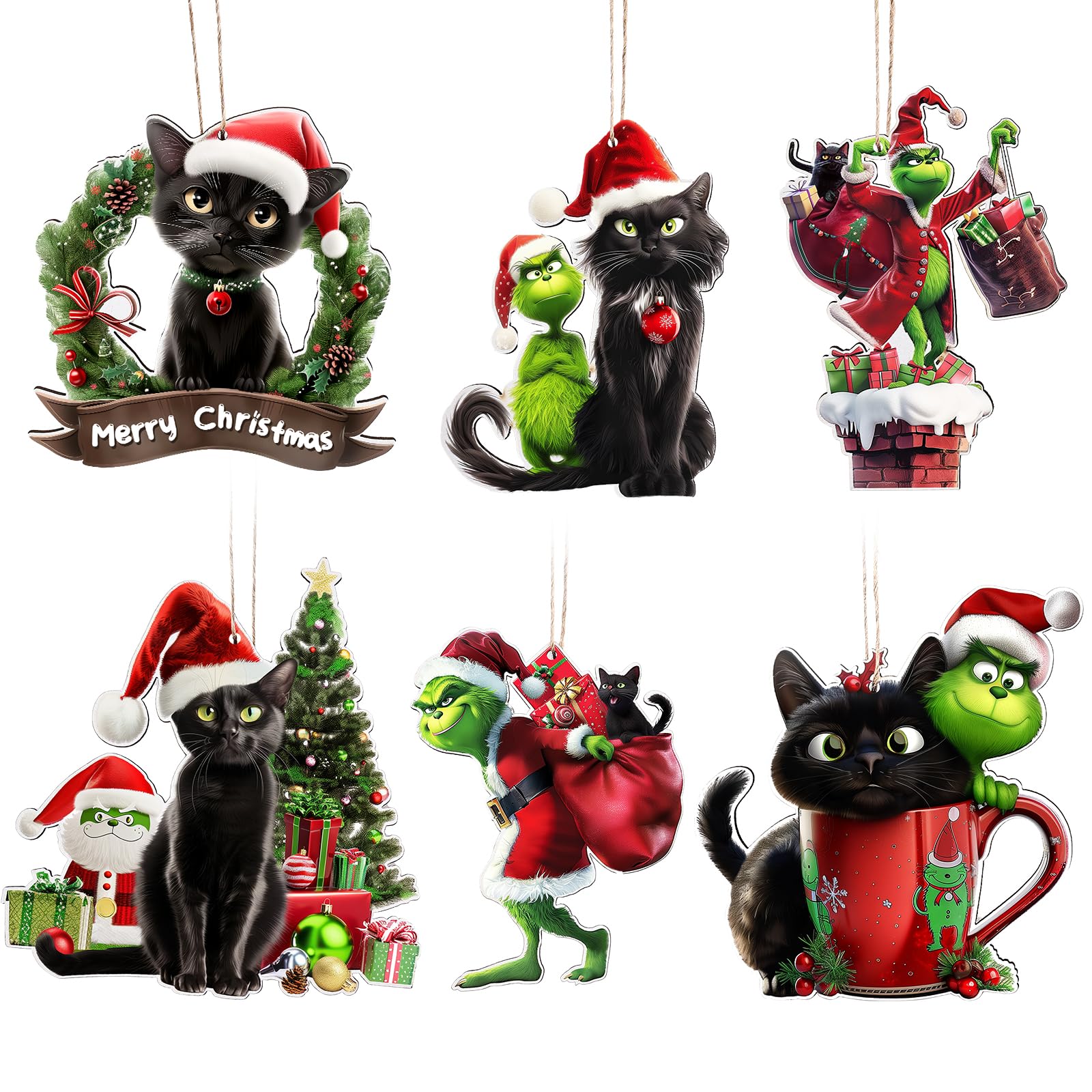 Joyoldelf Grinch Christmas Decorations - 6Pcs Christmas Black Cat Ornament Grinch Pendants for Hanging on Xmas Tree, Christmas Tree Decorations Indoor Home Party Gifts