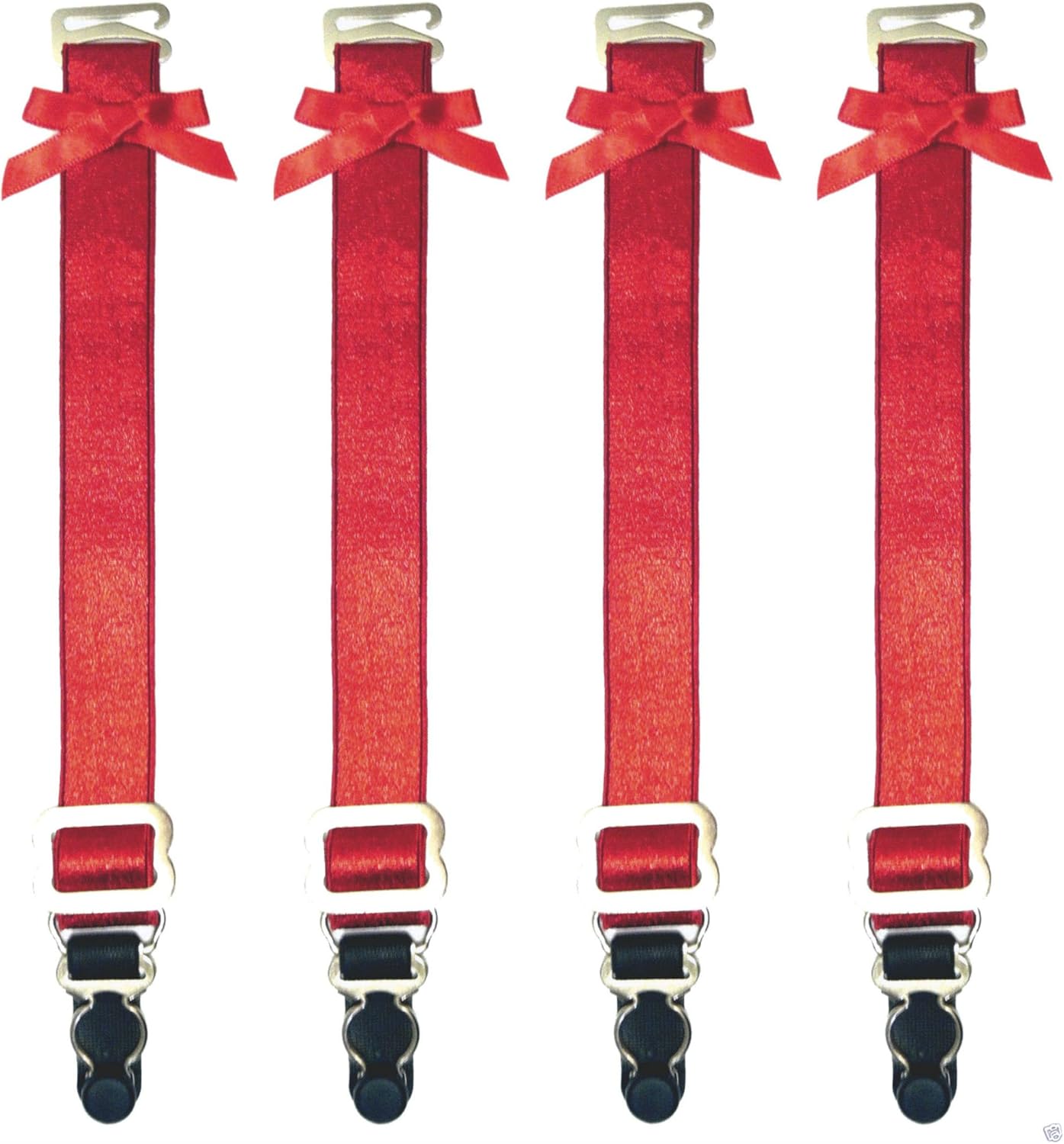 Set of Replacement Garter Straps for Lingerie Corset Metal Suspender Clips (Red w/Bows Set of 4
