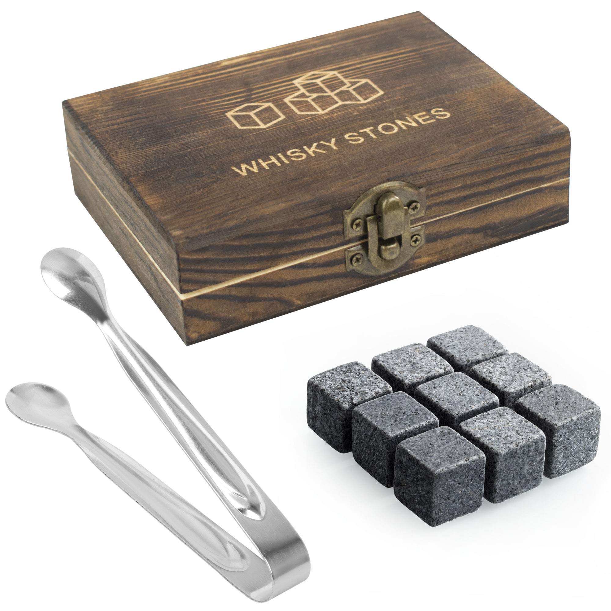 Whiskey Stones Gift Set - 9PC Whiskey Stones in Luxury Wooden Gift Box - Gifts for Men - Keep Bourbon Whiskey Scotch Whiskey Chilled - Perfect for Christmas Stocking Filler Birthday - By TRIXES