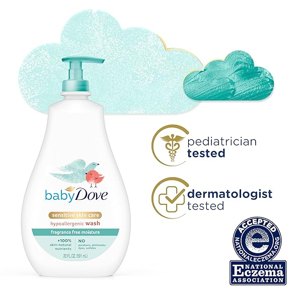 BABY DOVE SENSITIVE SKIN CARE BABY WASH FOR BATH TIME, MOISTURE FRAGRANCE FREE AND HYPOALLERGENIC, WASHES AWAY BACTERIA 20 OZ