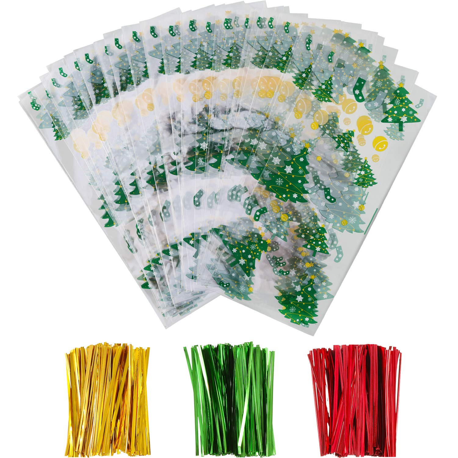 100 Pieces Christmas Cellophane Bags Candy Gift Bags Goodies Treat Bags with 150 Pieces Twist Ties for Christmas Party Packaging Supplies (Style 4)