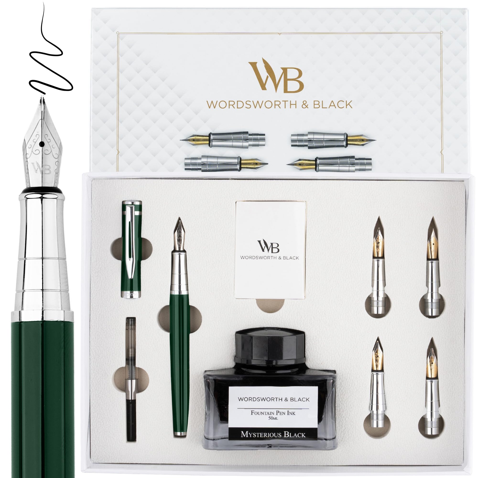 Wordsworth & Black Fountain Pen Gift Set, Includes Ink Bottle, 6 Ink Cartridges, A Refill Converter, 4 Replacement Nibs, Premium Package, Journaling, Calligraphy, Smooth Writing Pens [Green Chrome]