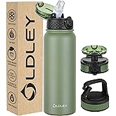 Oldley Insulated Water Bottle 20oz Water Bottles with Straw, Stainless Steel Water Bottle with 3 Lids, Double Wall Vacuum Bottles for Adult Kids, Sports Bottles for School Travel,Olive-green