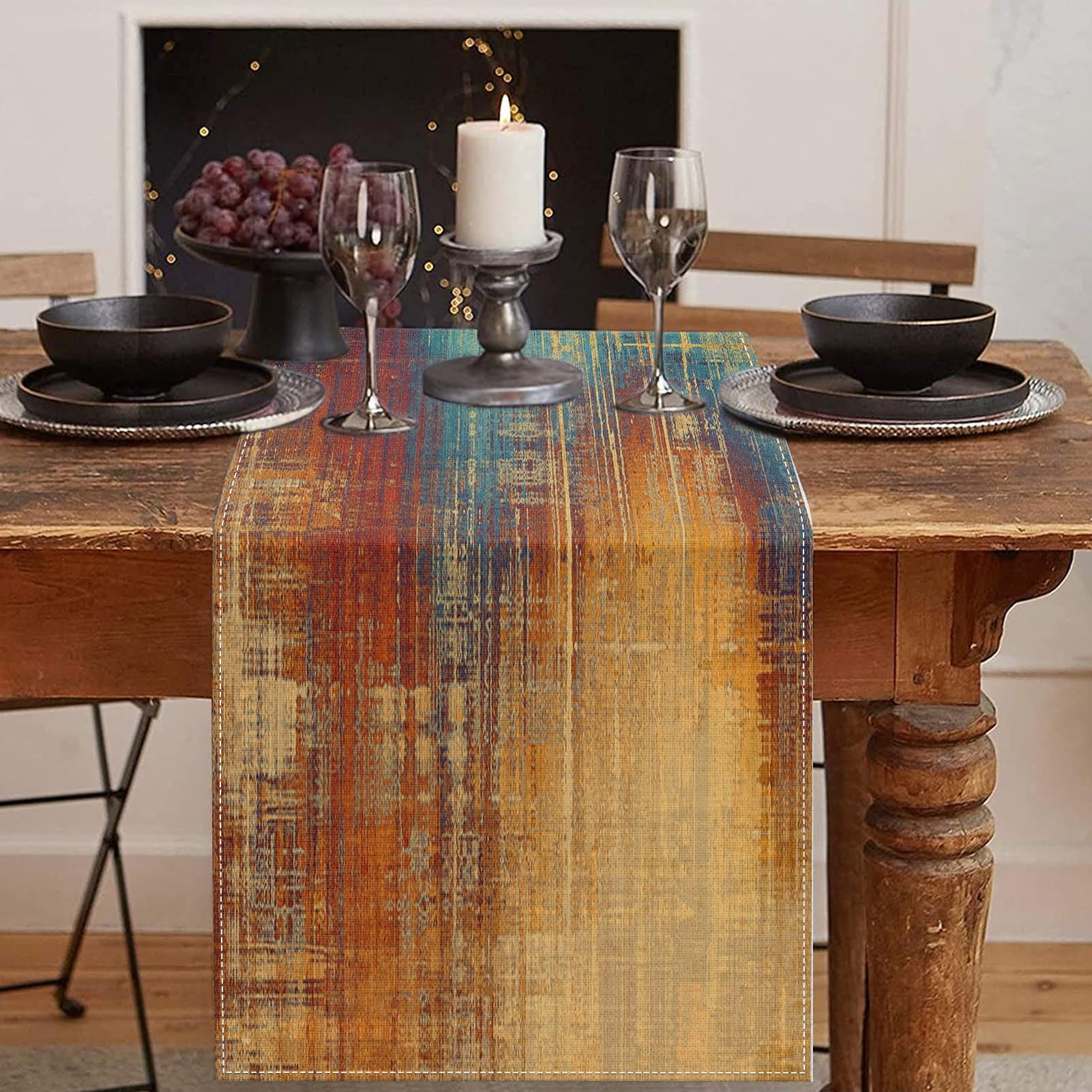 Photo 1 of Emvency Blue and Orange Table Runner, Vintage Abstract Messy Rust Painting Dining Decor for Kitchen Coffee Table Family Dinners Holiday Parties Wedding Events Decor(13x90 inch)