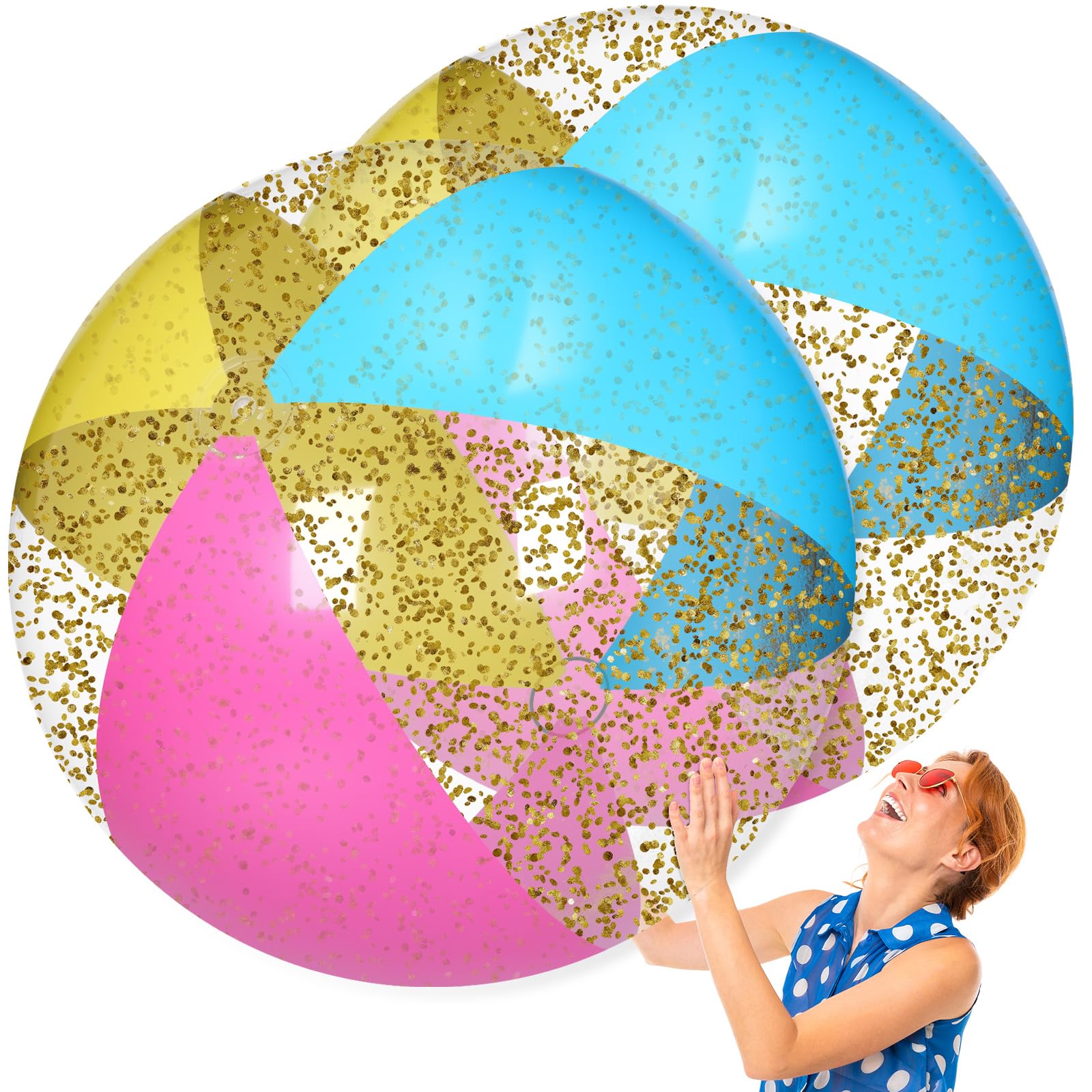 Photo 1 of Realspring 2 Pcs 48'' Giant Beach Balls for Swimming Pool 4 Ft Jumbo Glitter Confetti Inflatable PVC Pool Balls Large Summer Blow up Beach Toys for Adults Summer Outdoor Party Favor(Colored)