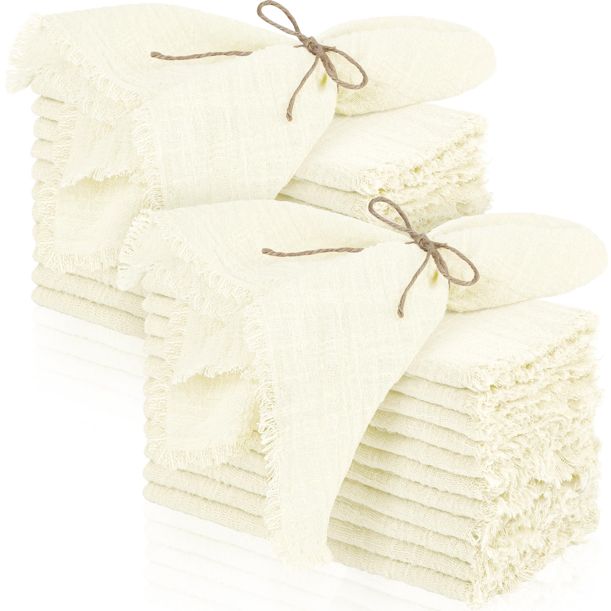 Photo 1 of ***(HEAVILY USED/ MINOR DAMAGE)***TURSTIN 24 Pieces Cotton Linen Cloth Napkin Handmade Cloth Napkin with Fringe 17 x 17 Inch Soft Dinner Wedding Napkins Square Rustic Fringe Table Napkins for Dinners, Parties, Weddings, Beige