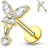 Melighting 14K Solid Gold Butterfly Flat Back & Dangle Threadless Earring 16G & 18G Gold Butterfly Cartilage & Tragus Piercing Jewelry Helix Earring for Women